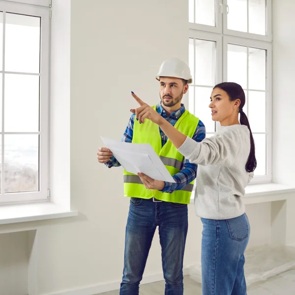 Un homme et une femme dans un bureau, pointant vers un élément d'intérêt lié à la rénovation domiciliaire.