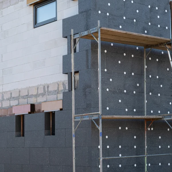 Un bâtiment en construction avec échafaudage, mettant en avant l'importance de l'isolation thermique.