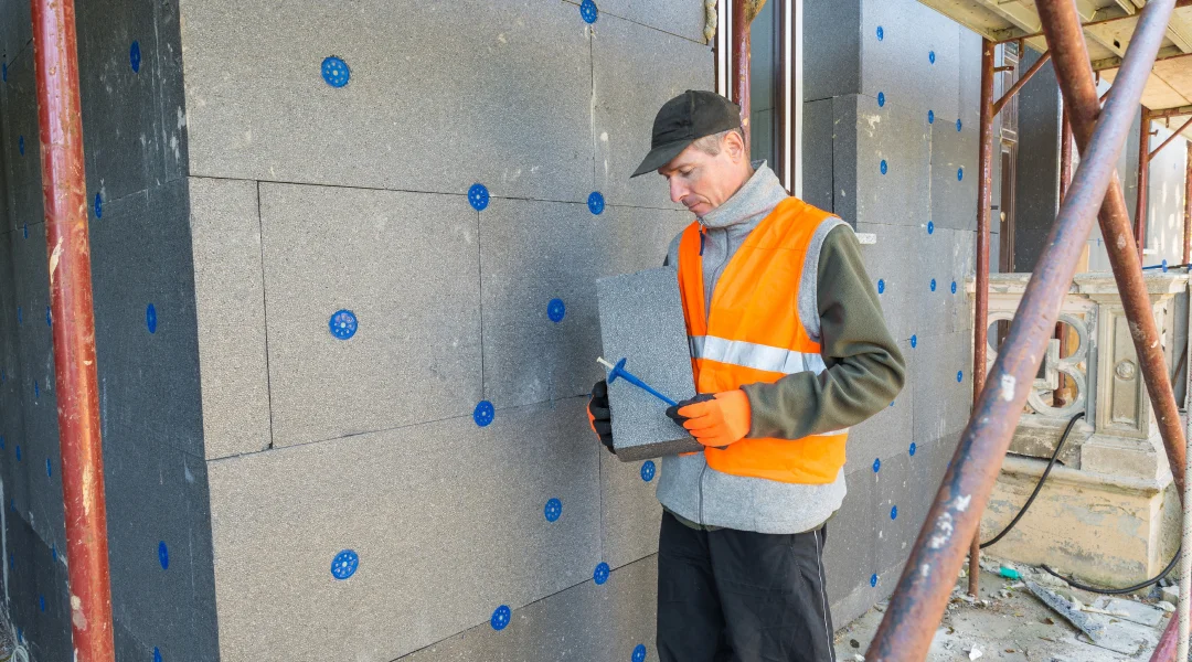 Un homme en gilet orange et gilet de sécurité tient un morceau de ciment, illustrant l'importance de l'isolation thermique.
