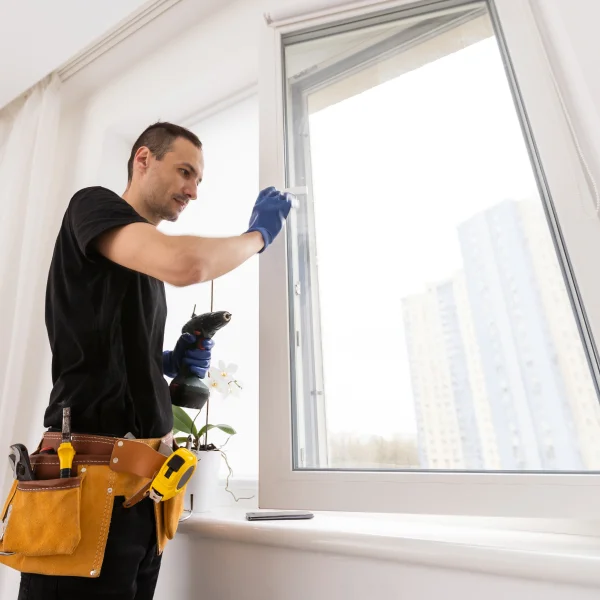 Un homme en chemise noire et gants bleus tient un outil pour la réparation de fenêtres.