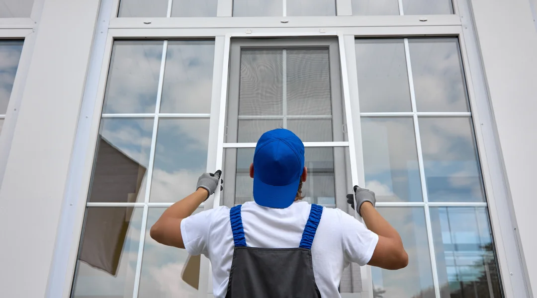 Un homme en salopette et chapeau bleu nettoie une fenêtre dans le cadre de travaux de réparation de fenêtres.