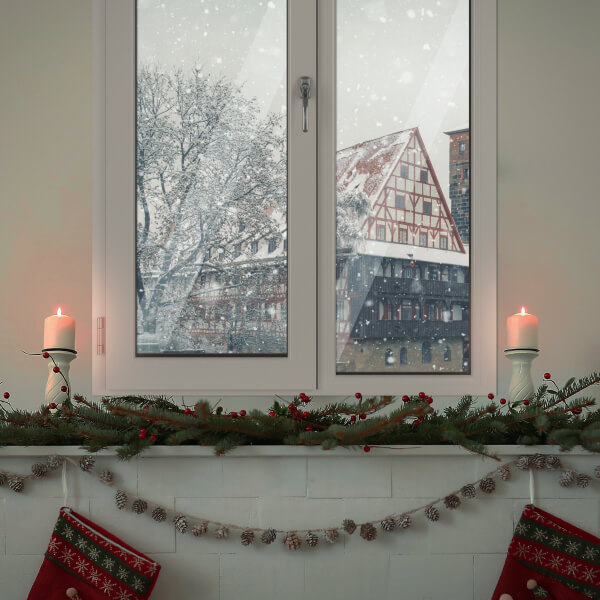 Fenêtres minimalistes avec décoration de Noël épurée dans une maison au Québec